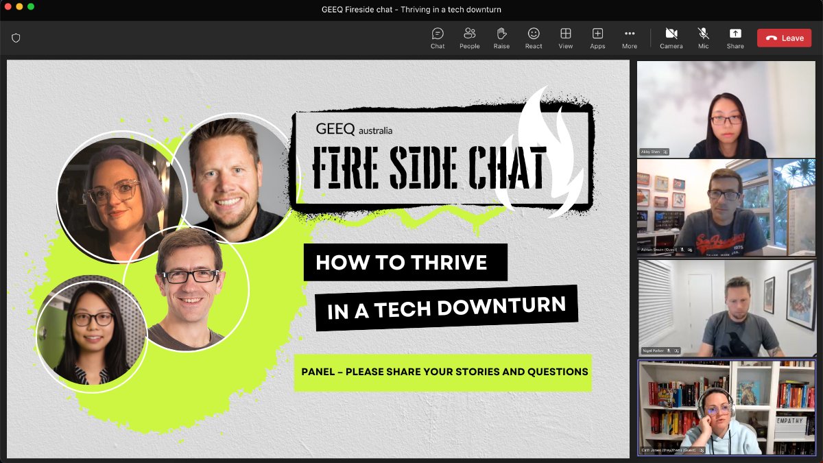 ✨ That's a wrap - thanks to everyone who joined our GEEQ Fireside Chat: How to thrive in a tech downturn  tonight. A special thanks to our speakers Nigel Parker, Cath Jones and Adrian Swain for their tips and tricks and Abby Shen for moderating our Fireside Chat tonight.