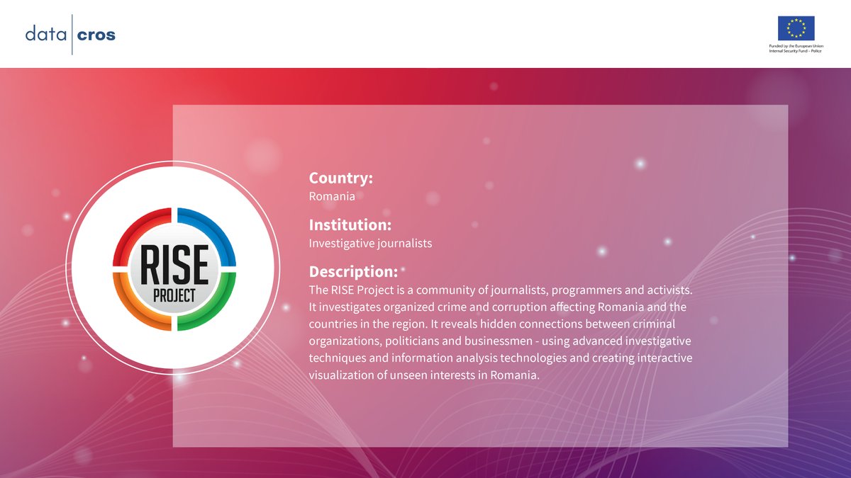 DatacrosIII's tweet photo. 🤝Meet The Consortium | #DatacrosII
📰@riseprojectro, community of #journalists, programmers and activists investigating crime and corruption affecting Romania, will contribute to the testing of the #platform in the trials defined by Investigative Journalists
#ISF #SecurityFund https://t.co/ieKY89V7Hg