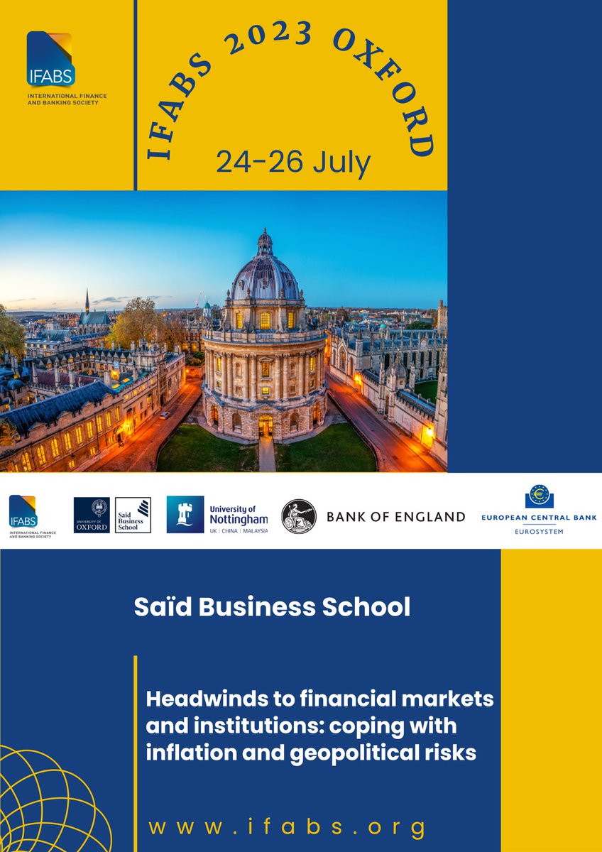 MeryemDuygun's tweet photo. Join us for #IFABS 2023 Oxford this summer!
Here is the link to submit: https://t.co/bkaE57tTq2
Deadline: 31 March, 2023!
Conf Chairs: @RCorrea_econ Eddie Gerba, Manfred Kremer, Thomas Noe
@federalreserve
@BoE_Research @UniofNottingham @ecb @OxfordSBS https://t.co/LrSBc62tMc