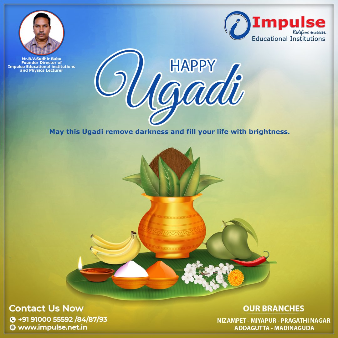 ImpulseEduInst's tweet photo. May the Gods and the Goddesses bless you with good health, wealth, peace, happiness and prosperity on the joyous occasion of Ugadi.
.
.
#impulse #happyugadi #ugadispecial #ugadipachadi #newyear #gudipadwa #ugadicelebrations #festival #traditional #india #hindu #ugadi2023 https://t.co/MyVfv0dKg4