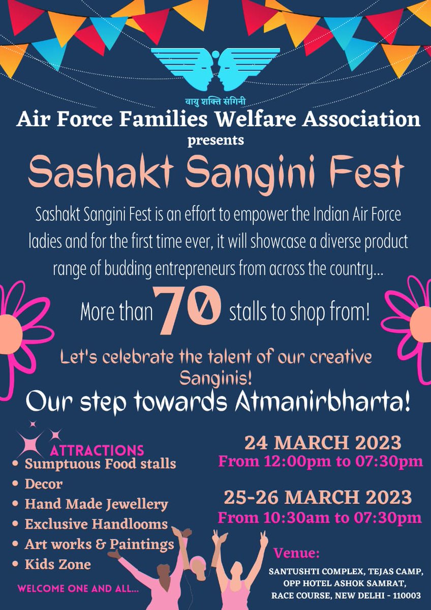 IAF_AFFWA's tweet image. Sashakt Sangini Fest to support women entrepreneurs is being conducted on 24-26 March 23 by @IAF_AFFWA . Visit us at Santushti Complex, Tejas Camp, Opposite Hotel Ashok Samrat, New Delhi.
#makeinIndia #womenentrepreneurs
#Atmanirbharta