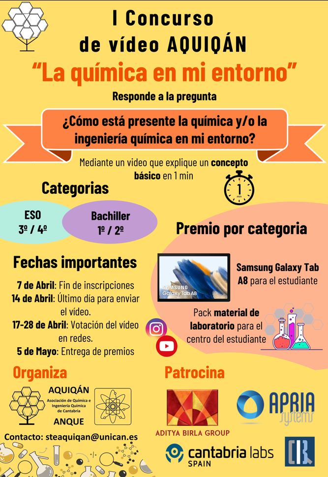 I Concurso AQUIQÁN de vídeo “La química en mi entorno” dirigida a estudiantes de 3/4º ESO y 1/2º Bachillerato de centros educativos de Cantabria.

Toda la información en este link:
web.unican.es/departamentos/…
