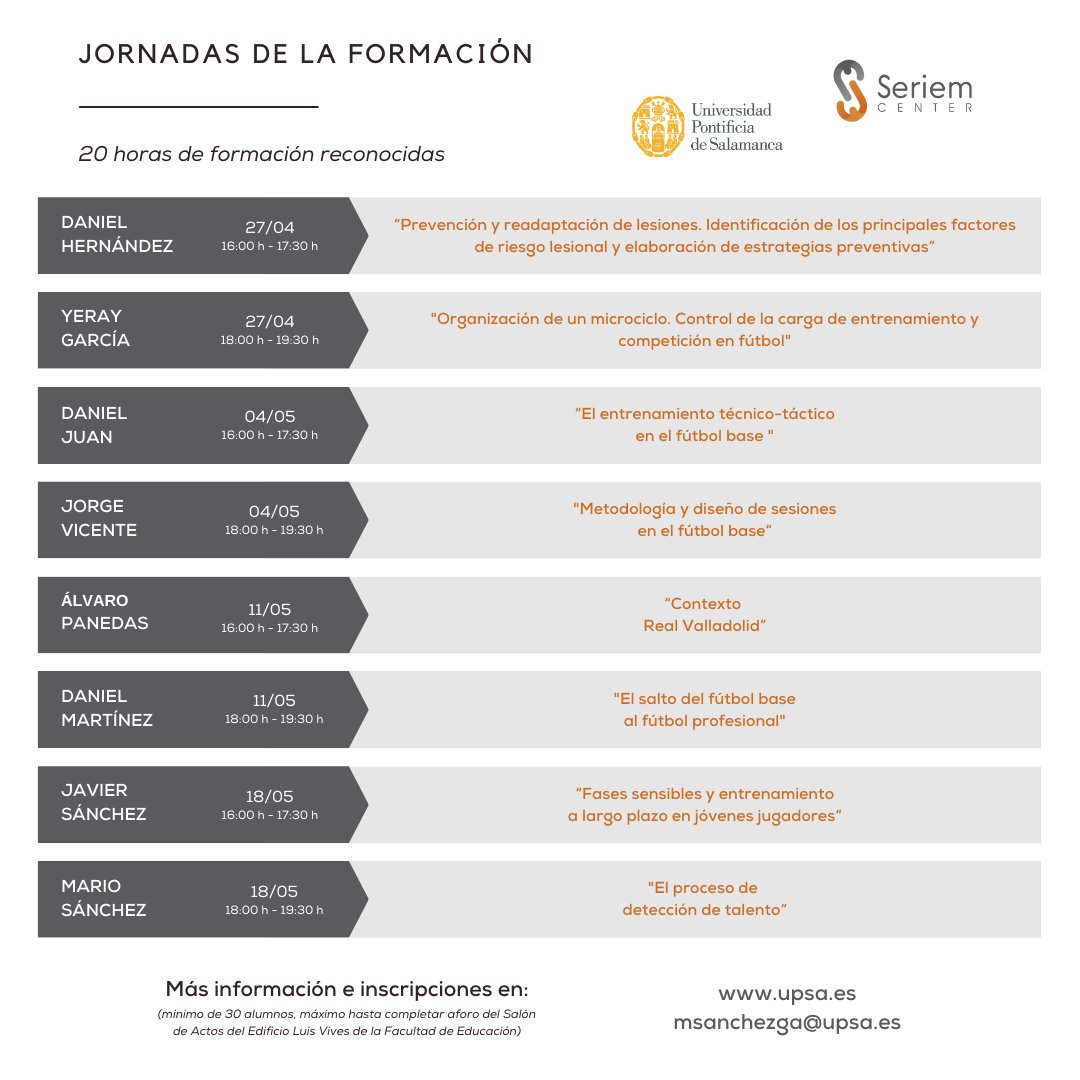 Área de formación 📚

La Universidad Pontificia de Salamanca <a href="/upsa/">UPSA</a> <a href="/feducacionUPSA/">EDUCACIÓN UPSA</a> y <a href="/CenterSeriem/">Seriem Center</a> abren el plazo de inscripción para el curso “El entrenamiento en fútbol desde una perspectiva global: ejemplos del entorno cercano”.