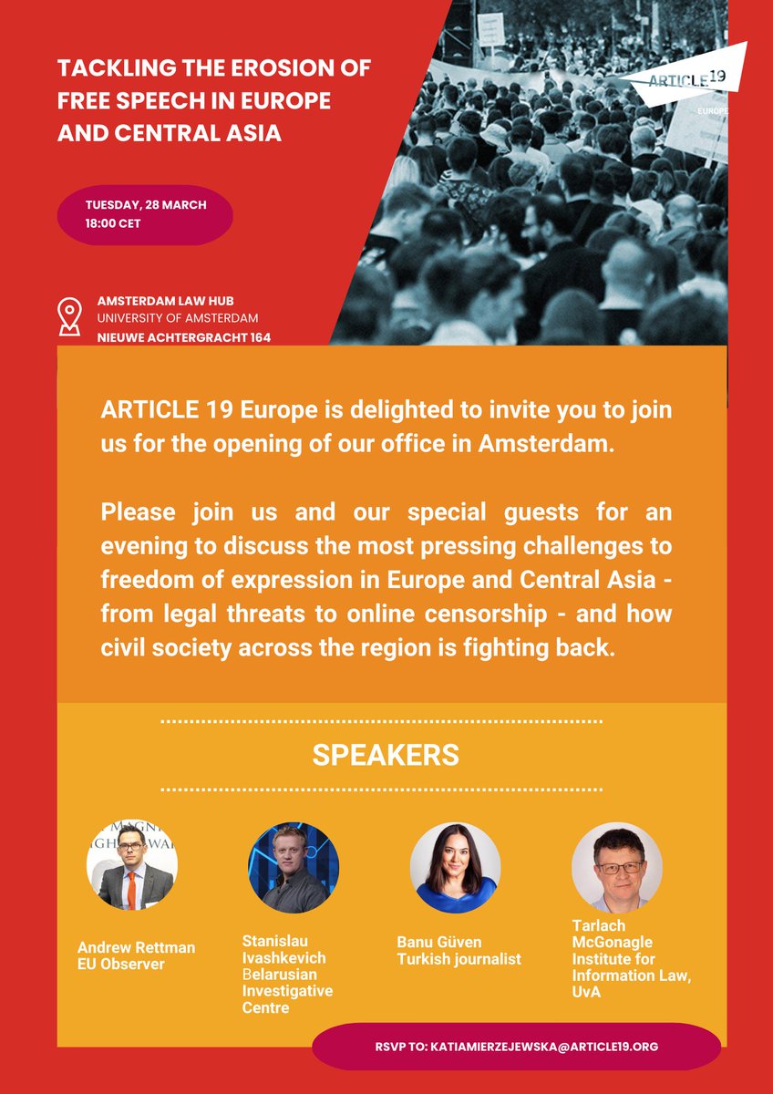 🎆 It's official, we are launching our office in #Amsterdam #TheNetherlands with panel discussions on threats to #FoE in Europe & Central Asia featuring very special guests! 🗓️28 March, 6PM CET If you are interested in the right to #FoE & info and want to join, reach out to us.