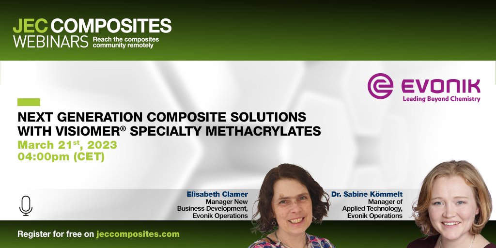 JECComposites's tweet photo. WEBINAR🎙️@EVONIK

See you this afternoon for Evonik’s webinar about its specialty methacrylate, VISIOMER®

You can still register ! https://t.co/Mw2haRlNi6 

#webinar #evonik #methacrylate #visiomer #polymers #footprint #handprint https://t.co/5Wls5OOA4l