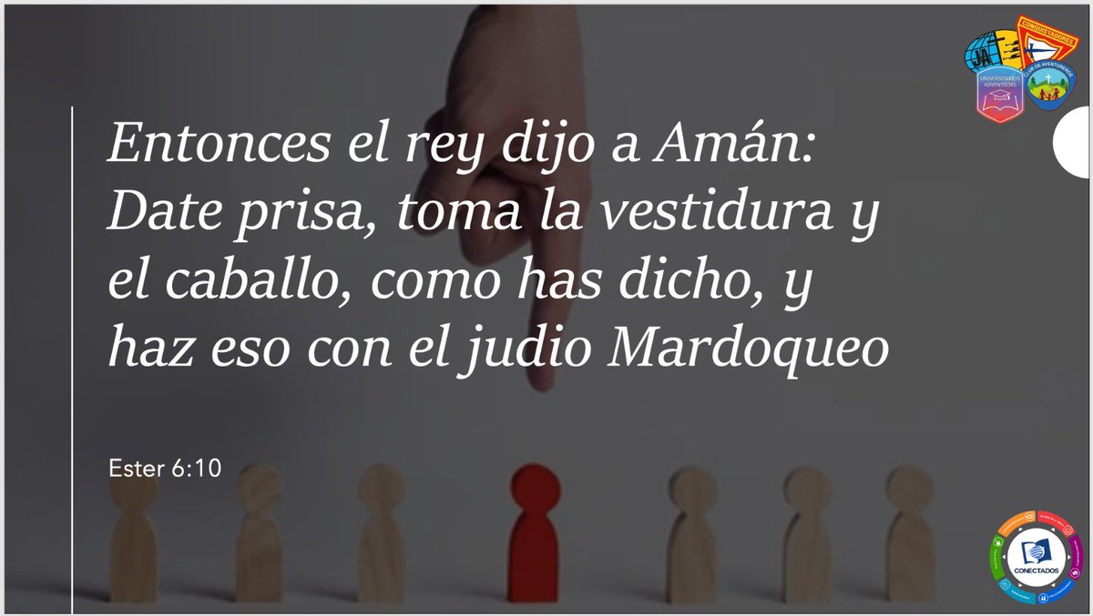 Ester 6. Algunas lecciones 
1. Así como Mardoqueo cuida de tus semejantes (vr. 2) “los jóvenes x sus semejantes” 
2. El reconocimiento humano es pasajero, el destaque divino será eterno
3. Dios siempre cuidará de ti. MARANATHA