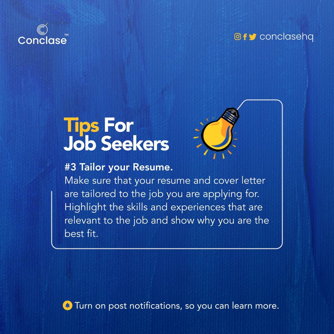 conclasehq's tweet photo. Never sell yourself short in your resume and cover letter.
Highlight relevant information that could make you the best fit.
#conclasehq #conclaseng #conclasetechcommunity #techrecruiting #receuitmentagency #recruitingnow #jobtips #jobfinders https://t.co/R91IflPD1H