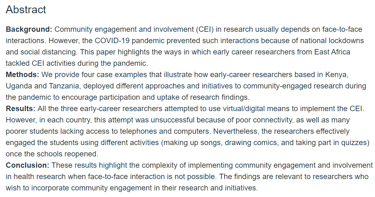 #NewPaperAlert 📢- Paper on 'Public engagement by early career researchers in East Africa during the #COVID19 pandemic' has been published by @OpenResAfrica 🥳 Well done Drs @tesskoyi; Mary Mosha; Eddie Wampande; Rune Philemon; Janet Seeley; Immaculate Nakityo & Prof. @sewankam.