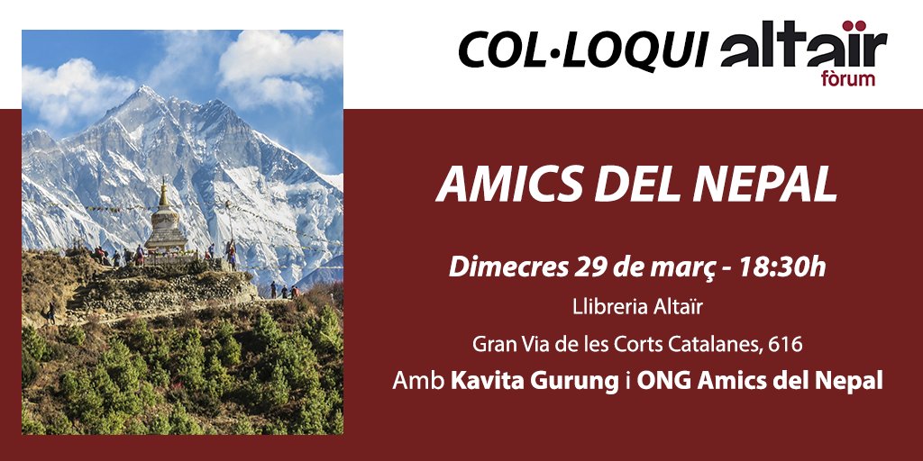 Quines ganes del col·loqui sobre el Nepal que tindrà lloc el dimecres de la setmana que ve al #FòrumAltaïr!

Parlarem del país amb la Kavita Gurung, Directora de Programes de l'ONG <a href="/amicsnepal/">Amics del Nepal</a>. Una tarda per endinsar-nos a les realitats nepaleses😍

🇳🇵 altair.es/cat/noticias/c…