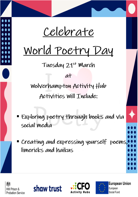 Wolves_CFOAH's tweet photo. All day today at Wolverhampton CFO Activity hub!
#wolves #probation #justice #hmpps #cfoactivityhub #shawtrust #teamwolves #esf #cfo #activityhub #rehabilitation #pops #peopleonprobation #WorldPoetryDay #poetry #pact https://t.co/TClN5vgN0X