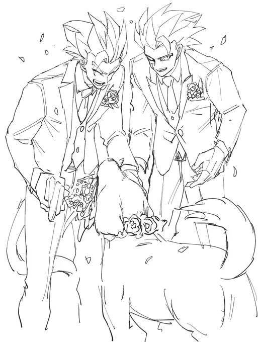 ずっと双子がバスターという名の犬を飼ってる妄想をしてたんだけど今日は双子の結婚式に出演してもらって幸せオーラ浴びまくって泣きながら引き出物のバームクーヘン食ってた(前置きのない妄想絵の説明。ご苦労。) 