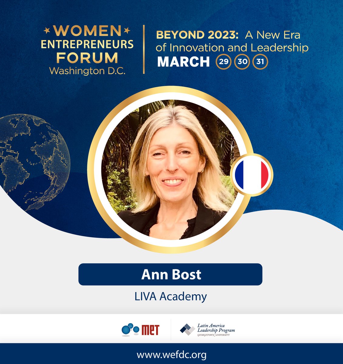 Ann Bost <a href="/Ann_Bost_/">Ann Bost</a>  #LivaAcademy will participate at the #WEFDC-Women Entrepreneurs Forum. 
Book your seat now at wefdc.eventbrite.com For more info wefdc.org
<a href="/JLL/">JLL</a> <a href="/Georgetown/">Georgetown University</a> <a href="/GeorgetownLatAm/">Georgetown LatAm</a> <a href="/METcommunity/">MET Community</a> <a href="/WEFDC23/">WEFDC</a> <a href="/EFEnews/">EFE News</a>  <a href="/worldbank/">WorldBank</a> <a href="/IFC_org/">IFC</a>