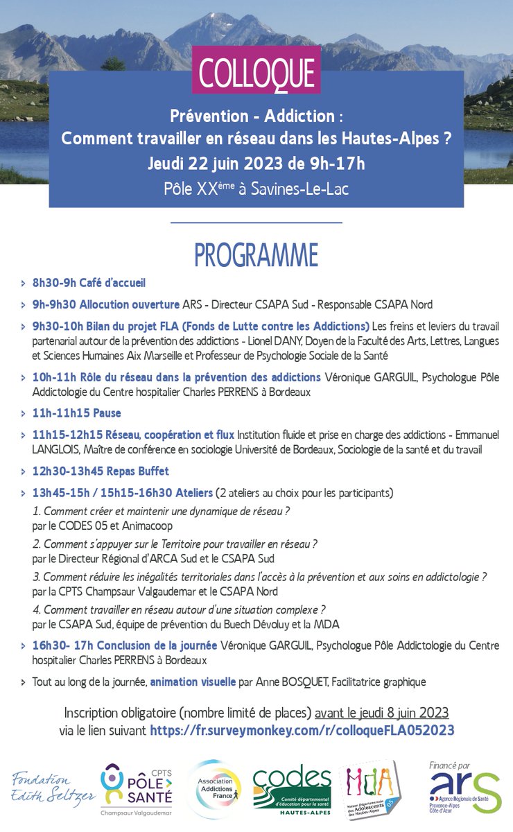 CoDES_05's tweet photo. Invitation au colloque "Prévention-Addiction : comment travailler en réseau dans les Hautes-Alpes ?" porté par la @FondatSeltzer et en partenariat avec le CSAPA Sud, CPTS Champsaur-Valgaudemar, la MDA 05 et le #CoDES05.
Inscription 👉 https://t.co/Vtxu7aepZp
@arspaca https://t.co/Ig89p6bOpZ