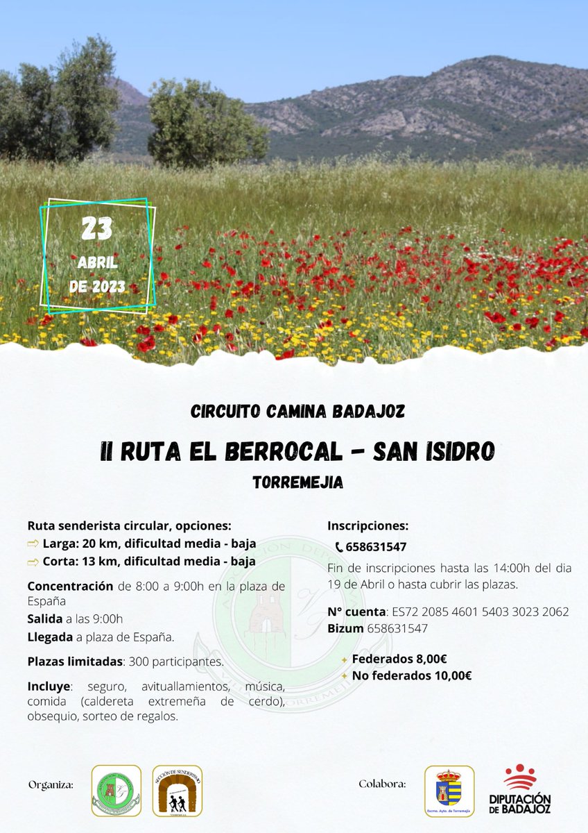 Comenzamos la marcha atras para ofrecer y disfrutar de una hermosa ruta en Torremejia, está abierto el plazo de inscripción, si hay algún grupo que lo quiera hacer como tal, se ponga en contacto con la organización.