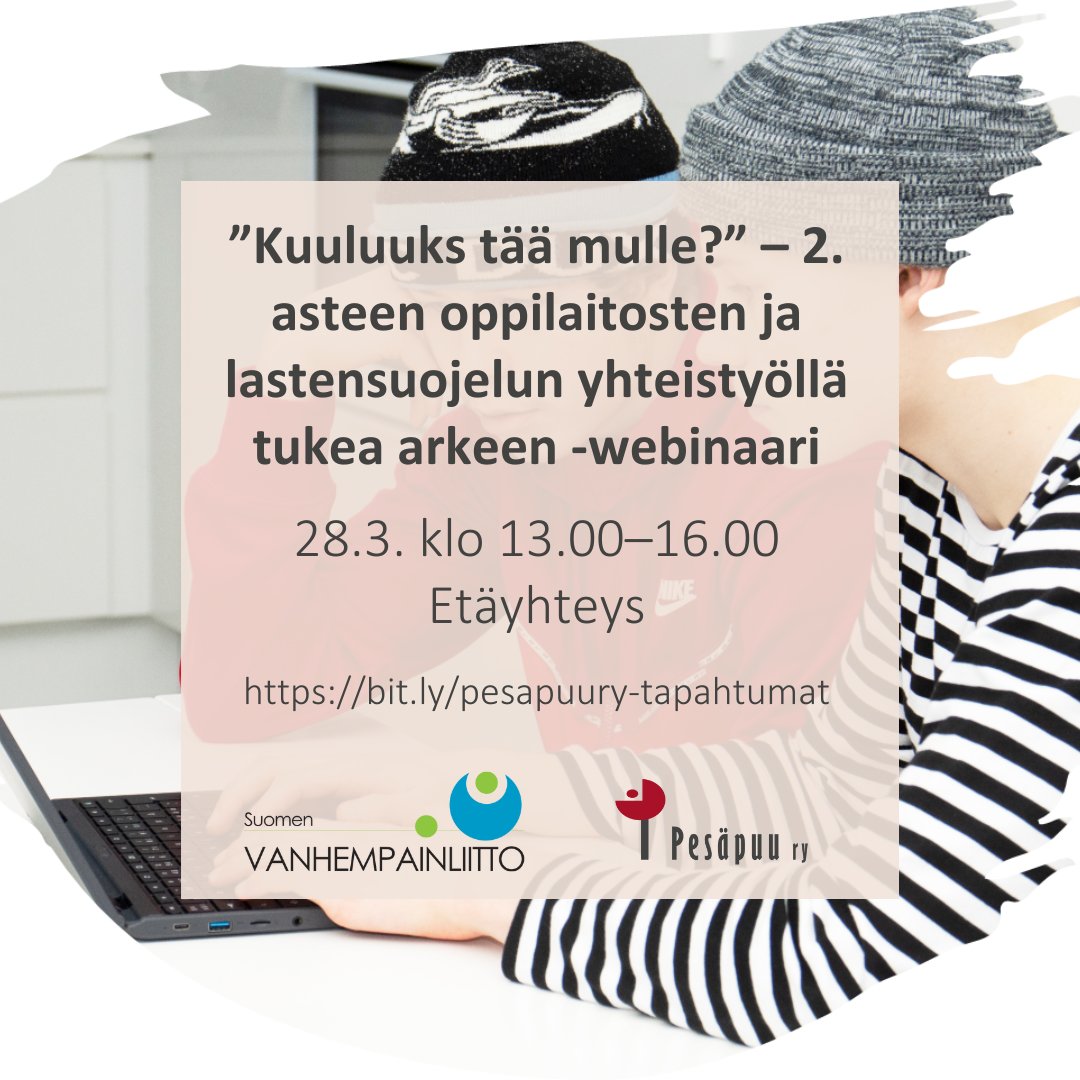 PesapuuRy's tweet photo. #2aste-henkilöstö ja #oppilashuolto! Ilmoittaudu Vanhempainliiton @kotijakoulu ja Pesäpuun webinaariin!
Aiheina mm. #lastensuojelu osana opettajan työtä sekä koulu sijoitetun nuoren silmin. #opehommat #yhteistyö
Ilmoittaudu vielä tänään tai huomenna👉https://t.co/K7MhrT15Ix https://t.co/iK8D78y2nS