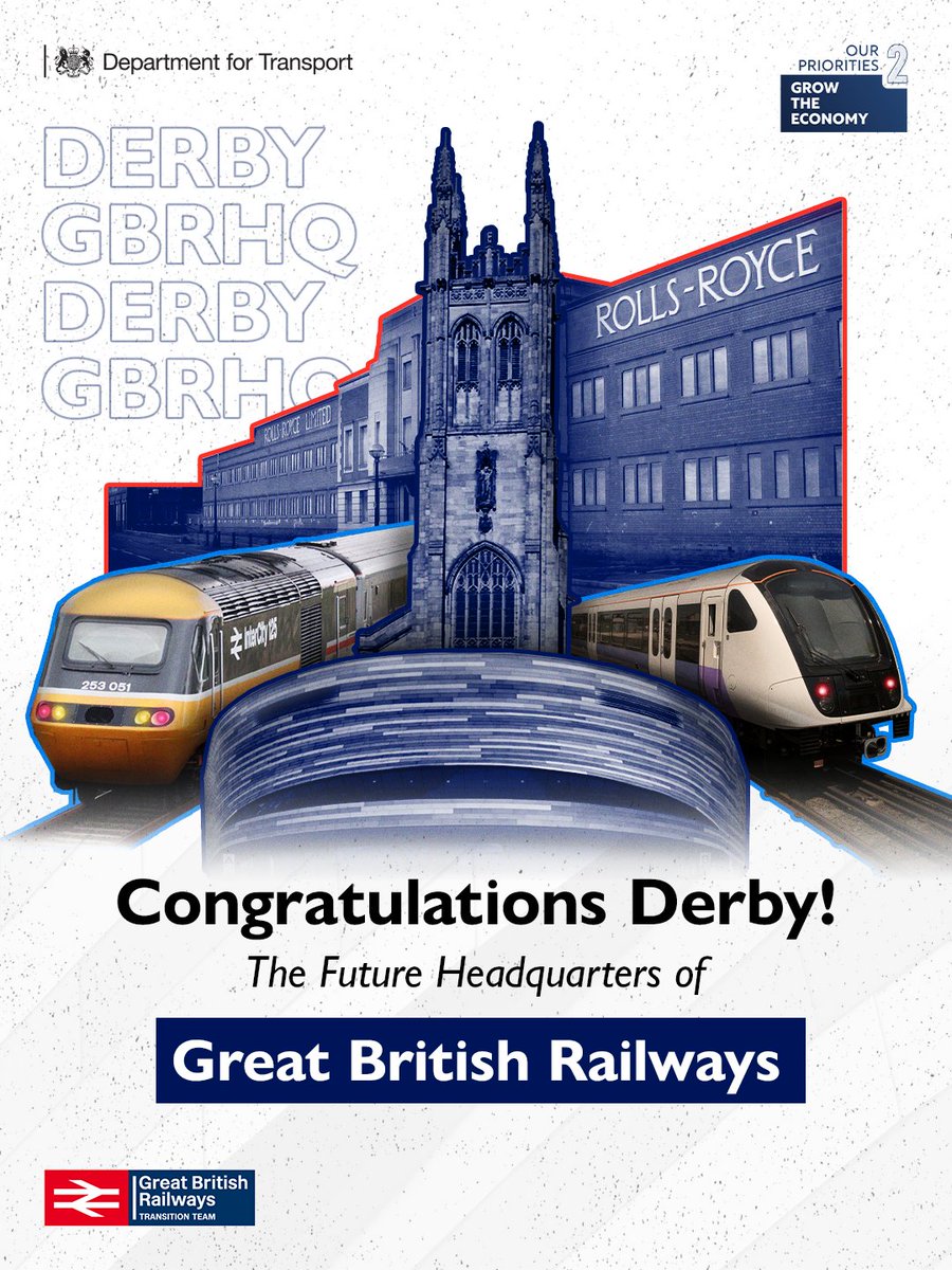 Derby is the home of Rolls-Royce, hot dogs, Lara Croft…and now Great British Railways! 🚉

But it’s not just a win for #Derby – GBR will level up our railways across Great Britain.

Find out more 👉 gov.uk/government/new…

#DestinationGBR
