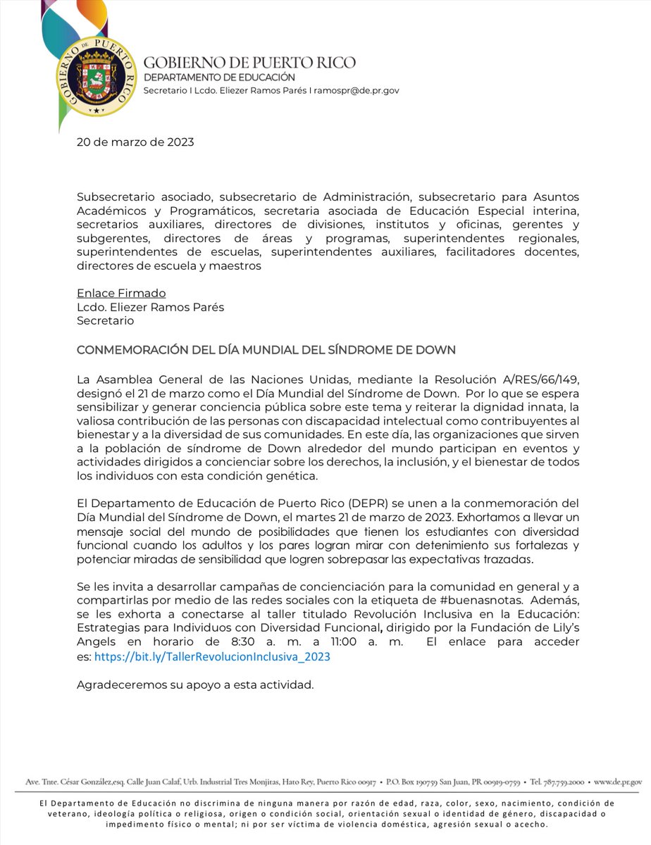 EDUCACIONPR's tweet photo. En la conmemoración del Día Mundial del Síndrome de Down, se invita a participar del taller “Revolución Inclusiva en la Educación: Estrategias para Individuos con Diversidad Funcional”, por la Fundación de Lily's Angels. 
⏰8:30 a.m. a 11:00 a.m.
Accede a: https://t.co/4DoIlnlnpU https://t.co/GCQSeebq3D