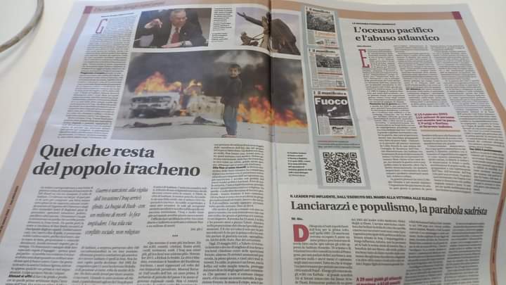 ChiaraCruciati's tweet photo. La prima doppia pagina che apre l'inserto di oggi, "Hanno fatto in deserto", de @ilmanifesto sui 20anni dall'invasione e l'occupazione occidentali dell'#Iraq.
Qua breve editoriale sui motivi dietro l'inserto.Sul sito e in edicola trovate tutti gli articoli
https://t.co/Ax5NJxFDVn https://t.co/ZpgNwjt70f