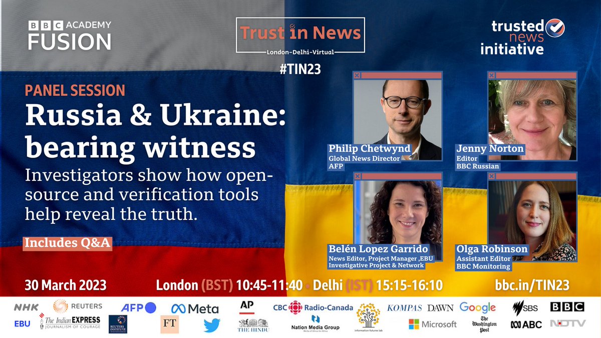 BBCAcademy's tweet photo. How can open-source and verification tools help unravel the truth in a propaganda-laced international war?

Our global panel of experts:
• @philchet
• @BelenLGarrido
• @NortonJenny
• @O_Rob1nson

📍 The #TIN23 conference is free.
Join us. 30 March: https://t.co/kaes5VpPTu https://t.co/fKh3XCgW4g