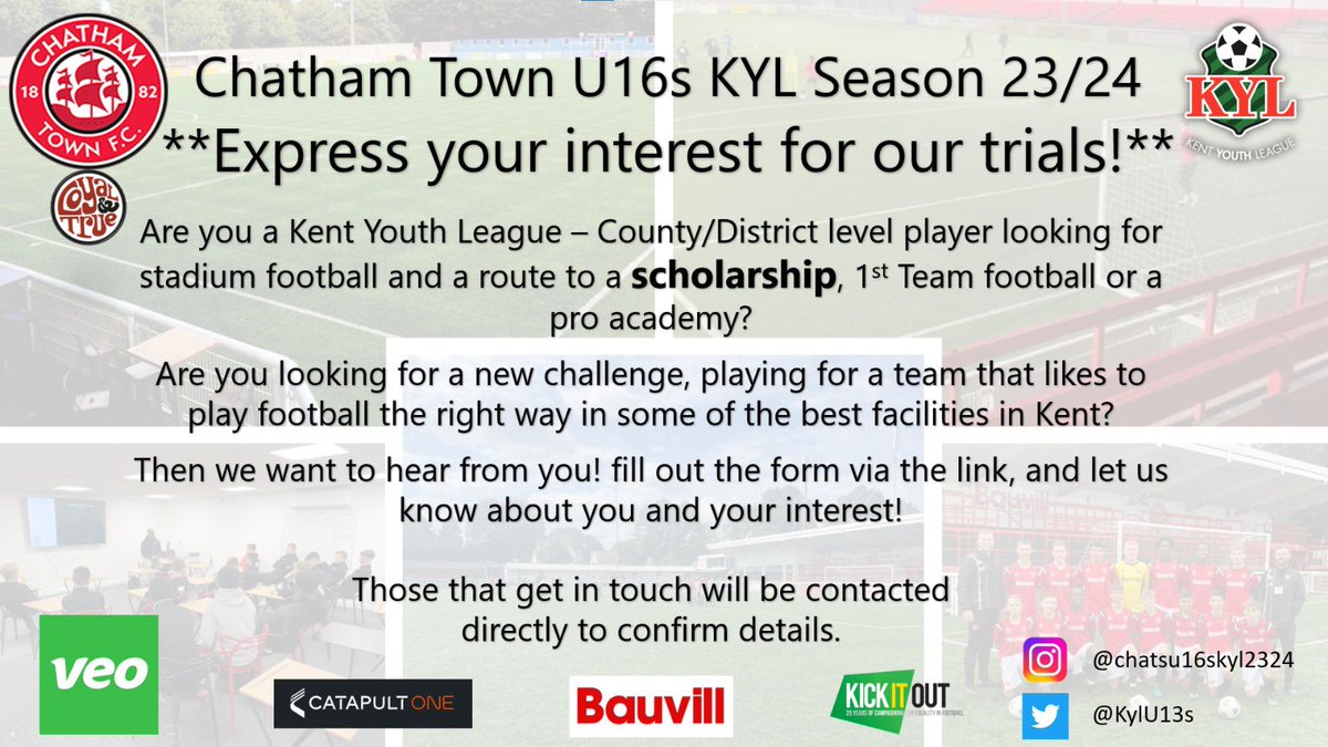 Express your interest in preparation for @kentyouthleague trials for the 23/24 season with Chatham Town U16s
Click the Jotform link below

form.jotform.com/211016432809044
Trial dates will be released as well as details about the future scholarship opportunities for 24/25
#upthechats
