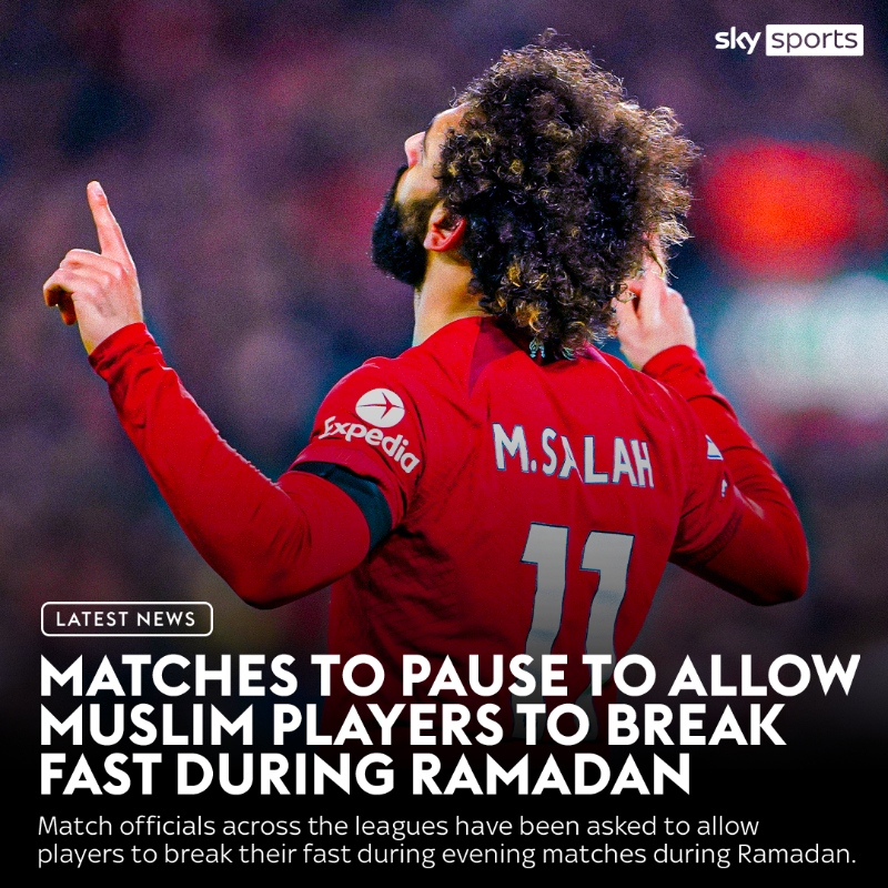 SkySportsPL's tweet photo. Match officials across the leagues have been asked to allow players to break their fast during evening matches over the holy period of Ramadan.