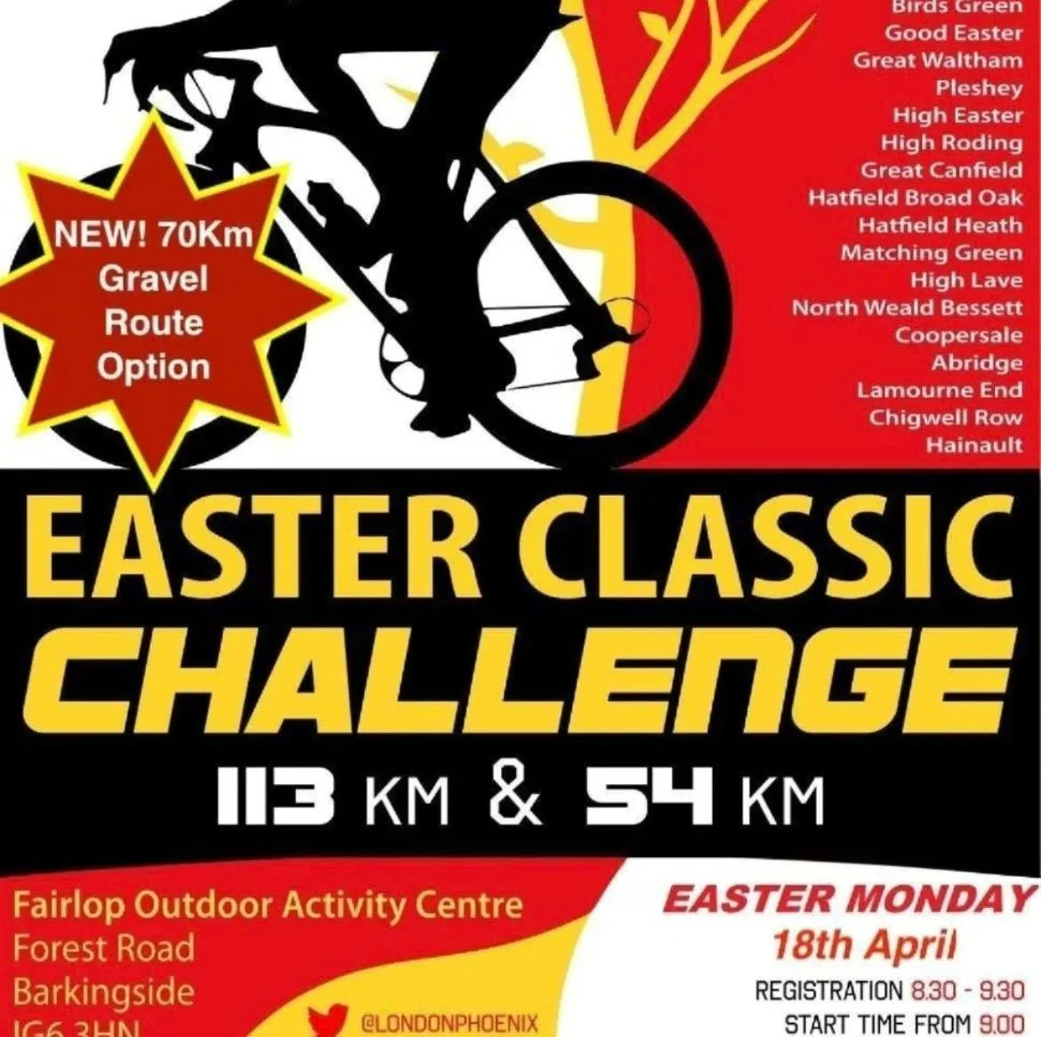 Coming soon, still some places available! Join the London Phoenix 2023 Easter Classic Challenge, 113KM Road, 54Km Road and 70KM Gravel routes available. All welcome - you don't need to be in the club to enter! Sign up online through British Cycling for only £15.00