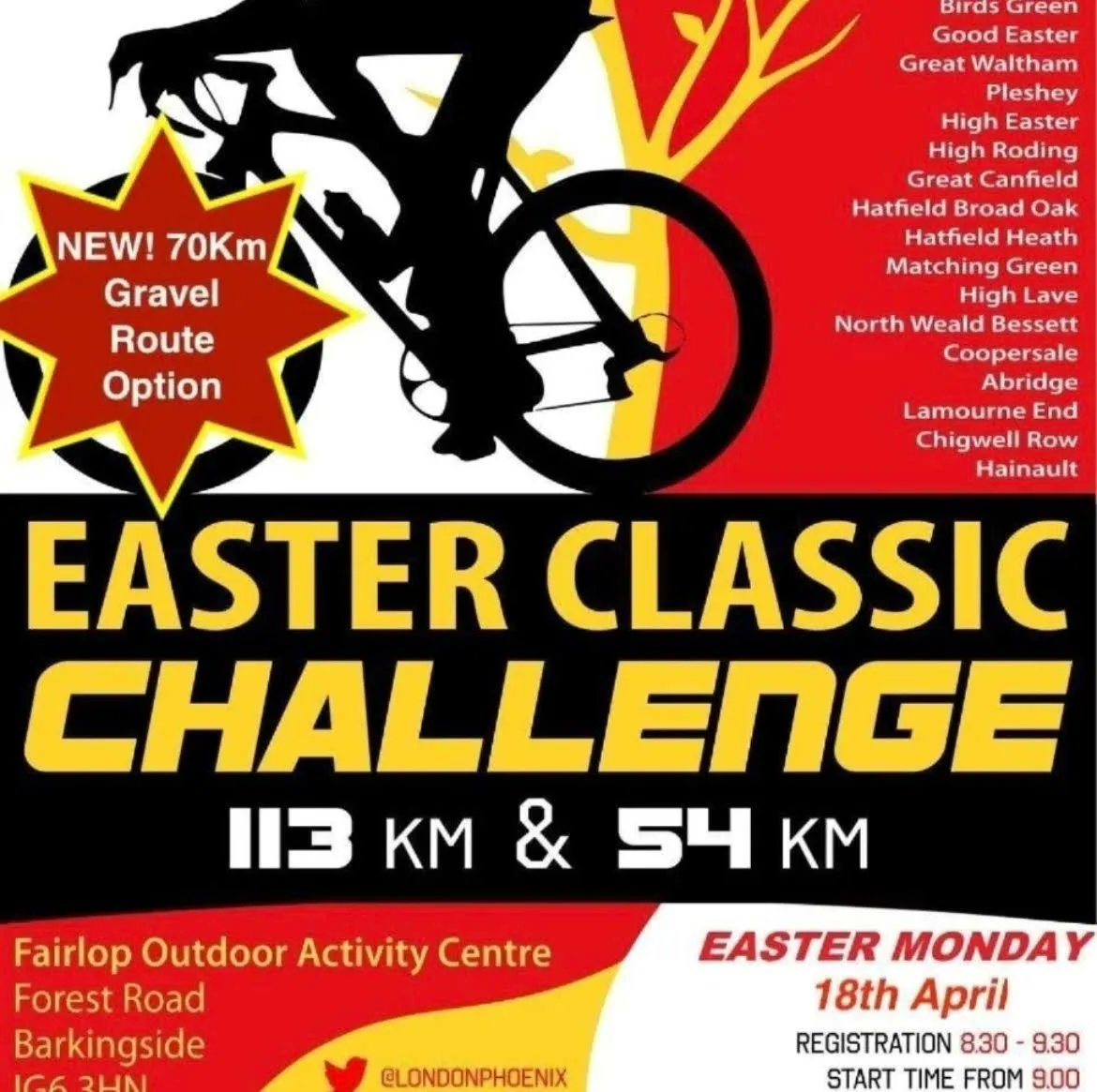 Coming soon, still some places available!
Join the London Phoenix 2023 Easter Classic Challenge, 113KM Road, 54Km Road and 70KM Gravel routes available. All welcome - you don't need to be in the club to enter! 
Sign up online through British Cycling for only £15.00