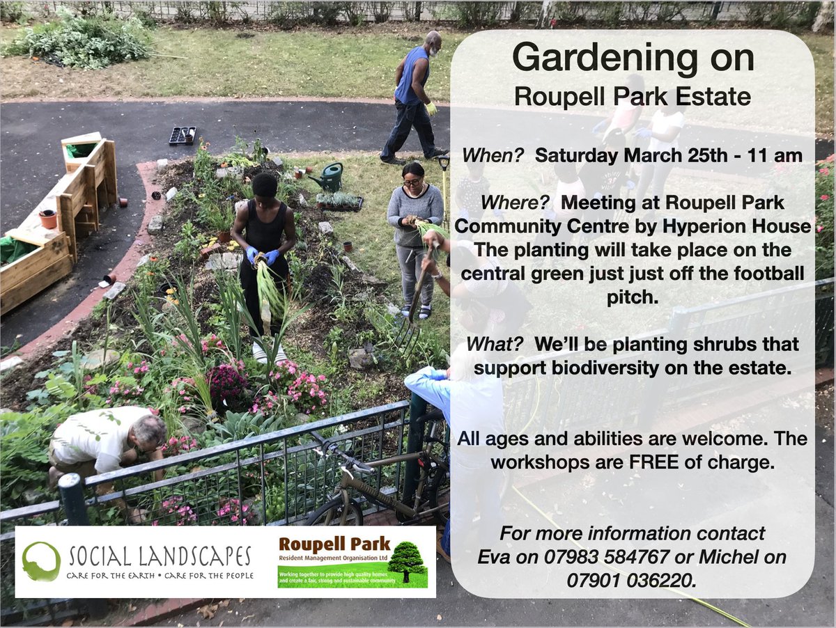 Roupell Park (@roupellpark) on Twitter photo Would you want to be part of the Gardening group on <a href="/RoupellPark/">Roupell Park</a> estate? The first workshop in which you will learn how to plant shrubs that support biodiversity is taking place this Saturday, 23 March. Spaces are limited, so register your name asap. Would you want to be part of the Gardening group on <a href="/RoupellPark/">Roupell Park</a> estate? The first workshop in which you will learn how to plant shrubs that support biodiversity is taking place this Saturday, 23 March. Spaces are limited, so register your name asap.