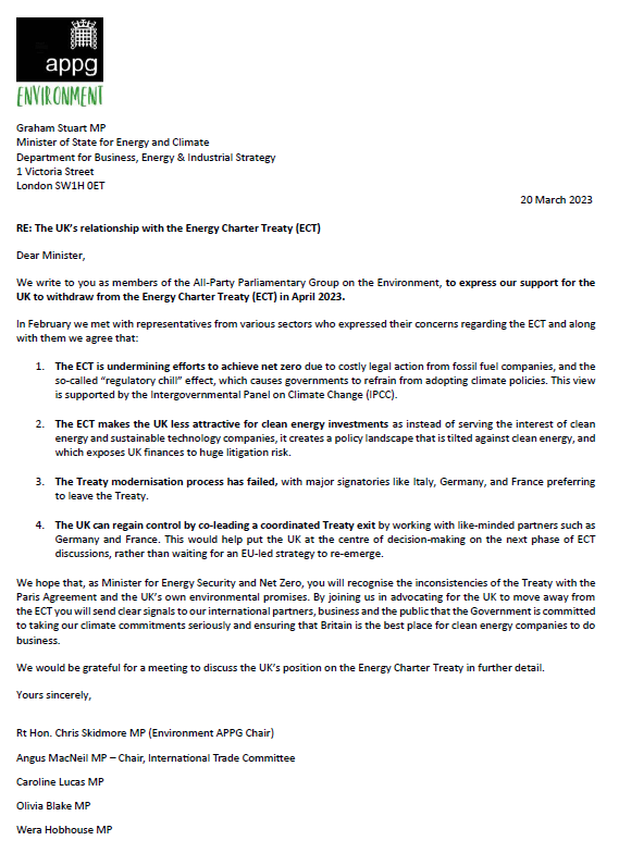 EnvironmentAPPG's tweet photo. Ahead of the Westminster Hall debate on the Energy Charter Treaty today, 15 cross-party parliamentarians have written to @grahamstuart calling for UK withdrawal📜

The Treaty is incompatible with the Paris Climate Agreement 👇 https://t.co/bqWg1XReFG