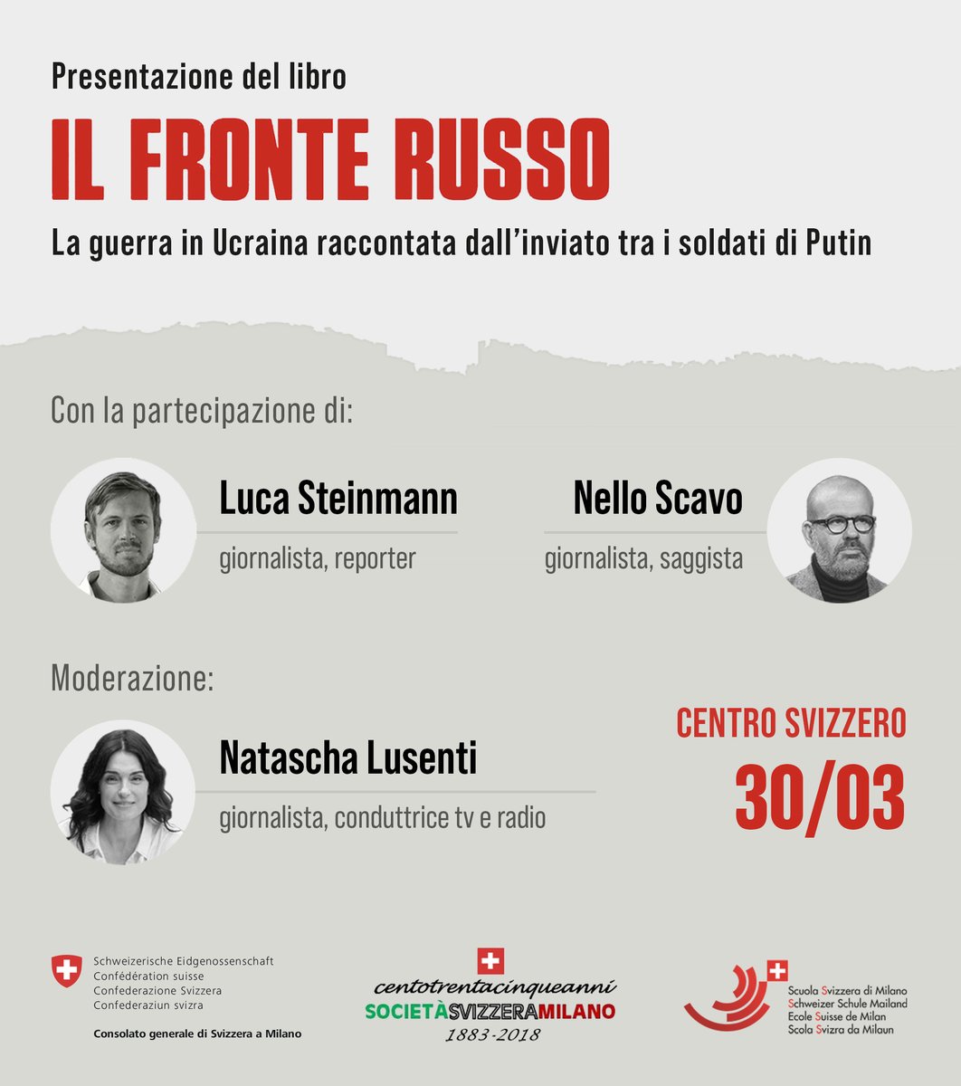 Il 30/03 ore 18.30 al Centro Svizzero presentiamo il 📖 'Il fronte russo' di @luca_steinmann1🇨🇭🇮🇹. Lui e @nelloscavo porteranno il proprio punto di vista e l'esperienza diretta sulla guerra in #Ucraina da inviati rispettivamente sul fronte russo e ucraino. Modera #NataschaLusenti