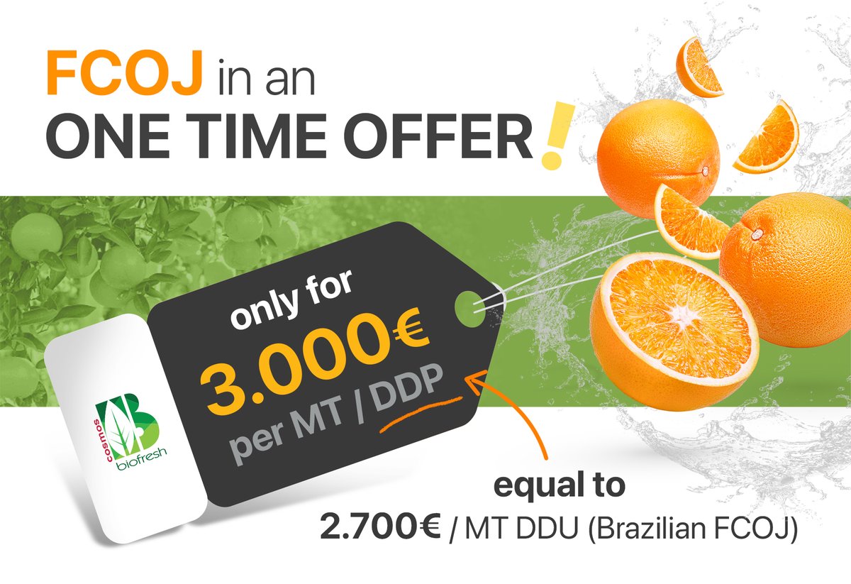 BiofreshCosmos's tweet photo. We have selected for all of you fresh FCOJ 🍊 new crop of an excellent quality at a very competitive rate!
Only for a few days at the price of 3.000€ / MT DDP (Bulk EXW Venlo), equal to 2.700€ / MT DDU (Brazilian FCOJ)!
https://t.co/hZPvjX2Whk
#orangejuice #orange #offers https://t.co/SdNh3WFuw1