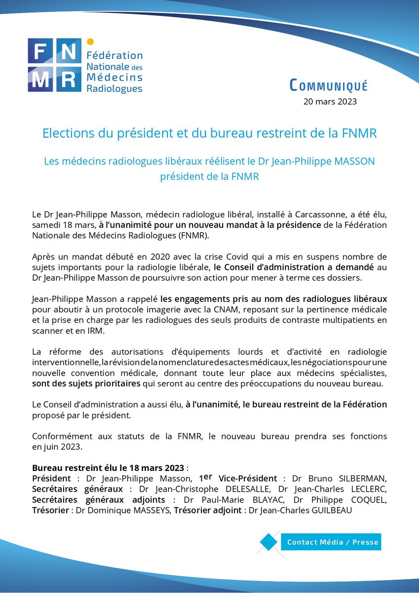 ➡ Jean-Philippe Masson a été réélu à l’unanimité Président de la FNMR par le CA qui s’est réuni ce samedi. 

🤝 Le bureau restreint de la FNMR a également été réélu à l’unanimité et continuera à s’impliquer sur les différents sujets qui concernent la radiologie libérale.