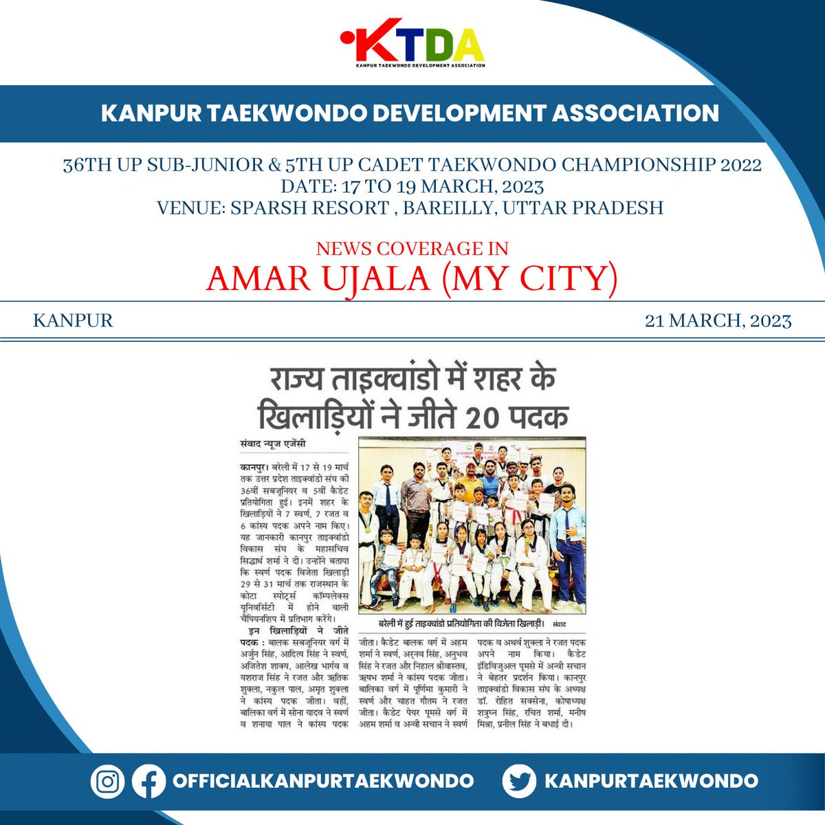 kanpurtaekwondo's tweet photo. Kudos another achievement...💐💐
Kanpur banged 7 Gold Medals, 7 Silver Medals and 6 Bronze Medals in 36th Uttar Pradesh Sub Junior and 5th Uttar Pradesh Cadet Taekwondo Championship 2022.

@OfficialUPTA @merohittsaxena @Siddharth_TKD https://t.co/Fqaaxp3GjW