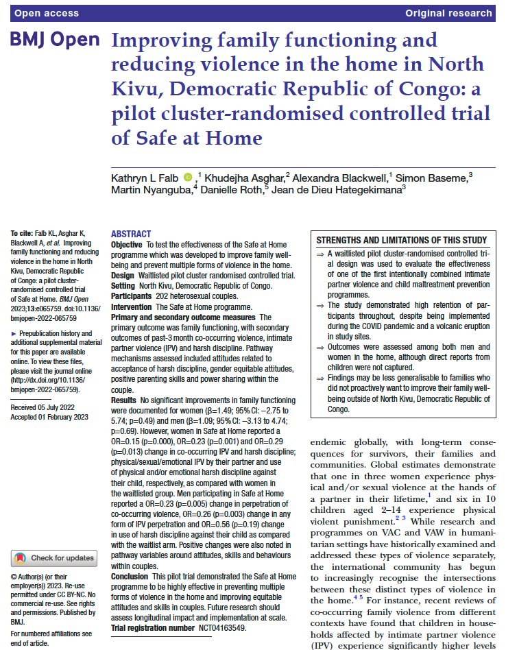 Extremely proud to see our results on <a href="/RESCUEorg/">IRC - International Rescue Committee</a> Safe at Home published in <a href="/BMJ_Open/">BMJ_Open</a>. The intervention was developed &amp; implemented in North Kivu, DRC &amp; aimed to improve family wellbeing &amp; reduce co-occurring #IPV and #childmaltreatment in the home: bmjopen.bmj.com/content/13/3/e…