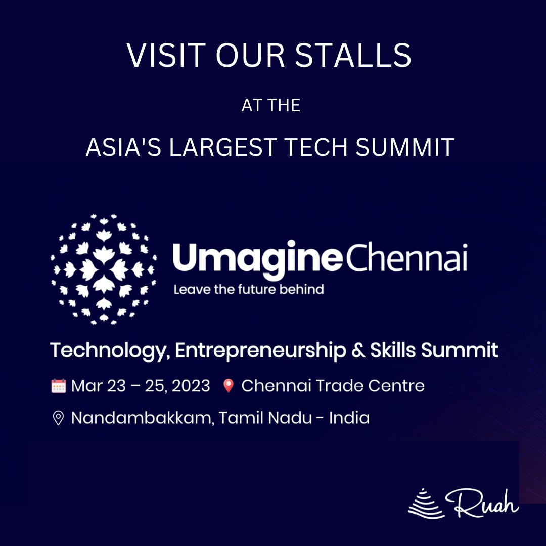 ruahtech's tweet photo. We invite you to visit our product stalls at @umaginechennai  happening between the 23 and the 25th of March 2023. Sharing more details shortly #umaginechennai https://t.co/1qg6zCzvvs