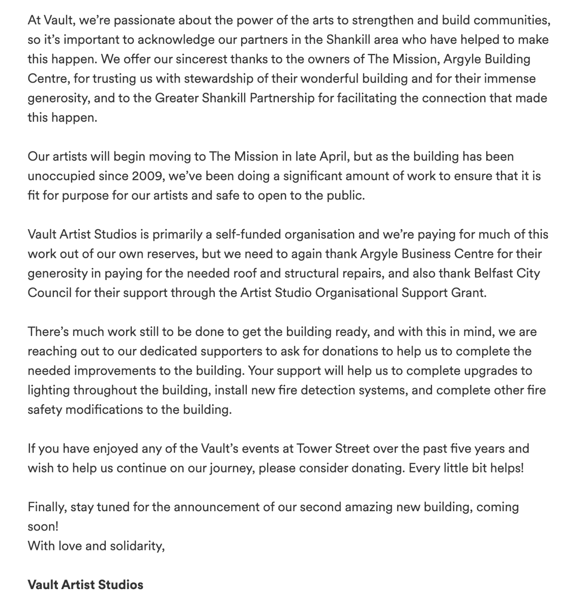Some springtime rebirth news: we're moving from Tower Street to the Shankill Mission!

It's a been a tough but exciting time for all of us here in Vault, but we're up to the challenge, though we'll need your help!

Find out how you can support us here:

gofundme.com/f/help-vault-a…