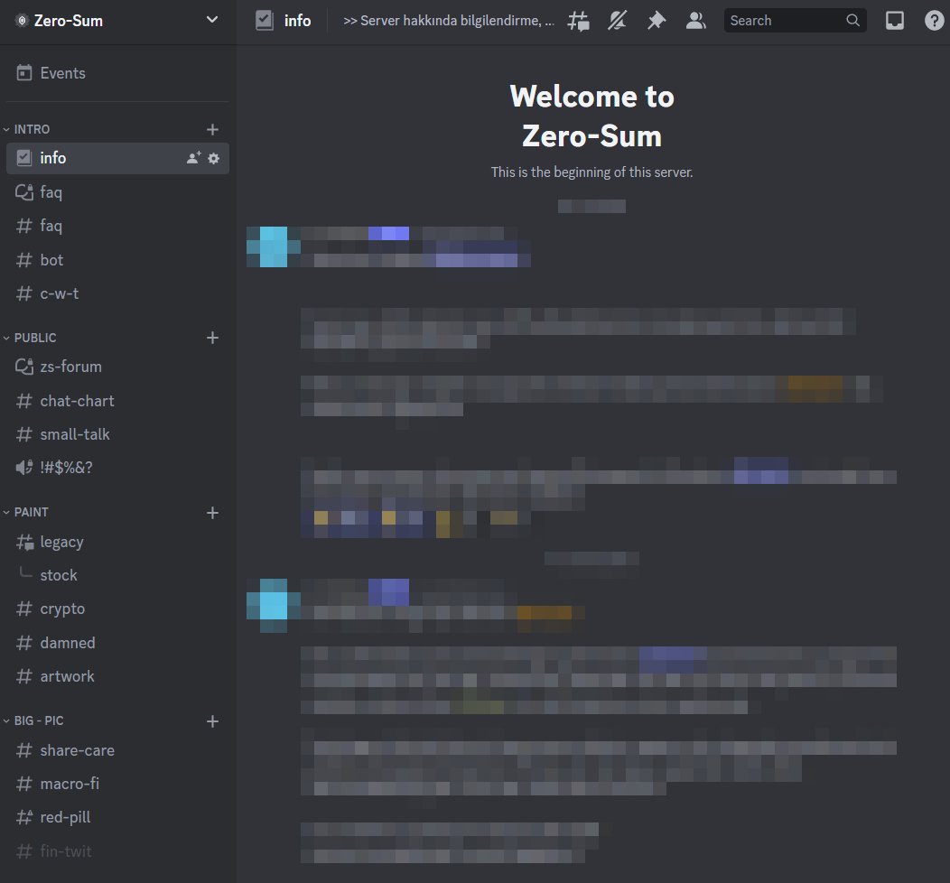 Zero-Sum davet linki [TR server]

Uyarı: Rol edinilmemesi durumunda auto kick devreye girecek (info'da yeterli bilgi mevcut)

Uyarı II: Paylasım kulturune katkıda bulunacak kisilerin gelmesi ZS'nin onceligidir

discord.gg/aYT7dGrwNs