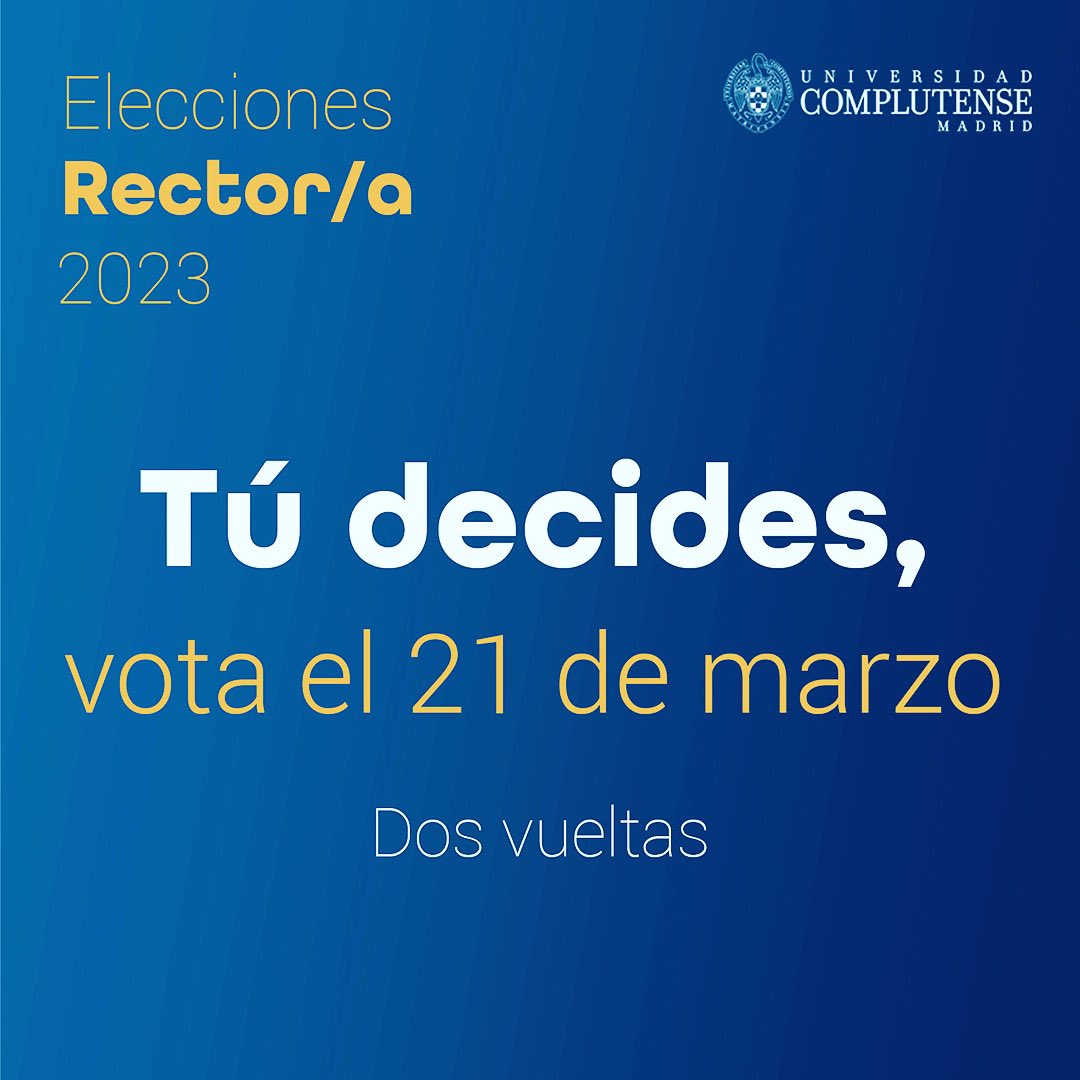 HOY es un día importante para la Universidad Complutense Madrid
 
〽️4 catedráticas y 4 catedráticos se enfrentan en las urnas para ser elegidos rector/a de esta gran Universidad.

🚨El VOTO es DECISIVO (de 9 a 20h).

GRACIAS por participar‼️
#eleccionesucm2023