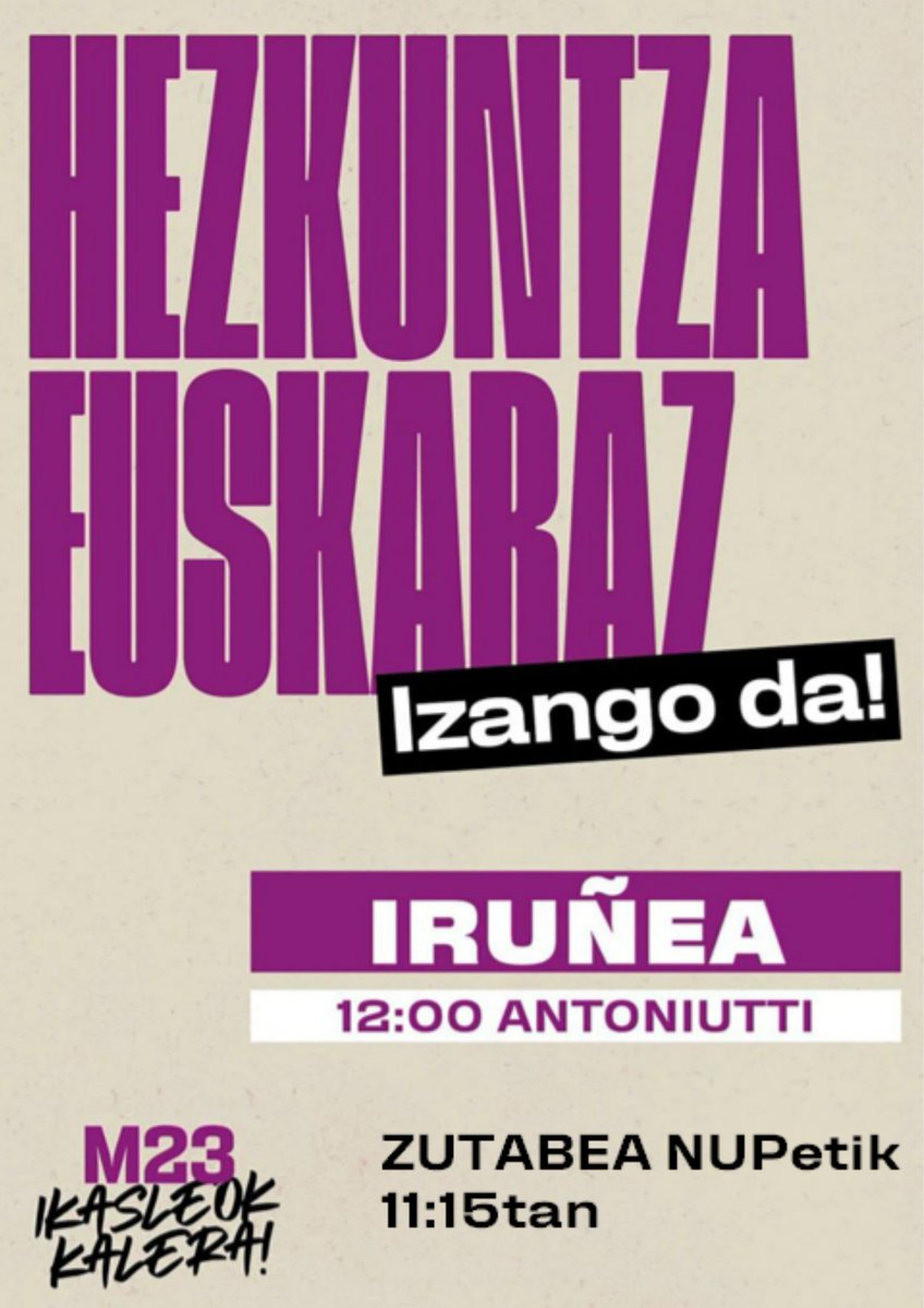 ❗❗HEZKUNTZA EUSKARAZ IZANGO DA❗❗

📅MARTXOAK 23
⏰12:00
📍Antoniutti

💥ZUTABEA NUPetik
⏰11:15

<a href="/Gaztealdia/">Gazte Euskaltzaleen Sarea</a> #HezkuntzaEuskaraz