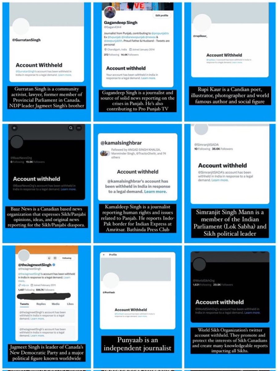 Amritpa31124006's tweet photo. India Banned 100+ Accounts of Sikh MP's, Journalists, Activists For Affirming Civil Liberties in PunjabModi's Indian regime mass bans international critics of its draconian policies. 
.#WeStandWithAmritpalSingh #punjabunderseige @elonmusk @psgazi @Reuters https://t.co/aHKiN7QEHV