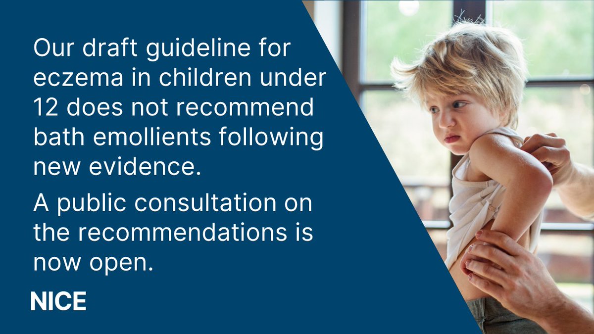 NICEComms's tweet photo. After considering new evidence on adding bath emollients to the standard management of atopic eczema in children under 12 years, our draft guideline recommends that bath additives should not be offered.

Read more &amp; take part in the consultation: https://t.co/IIxv4pbpHn #NICENews https://t.co/IqkuyKlsnJ