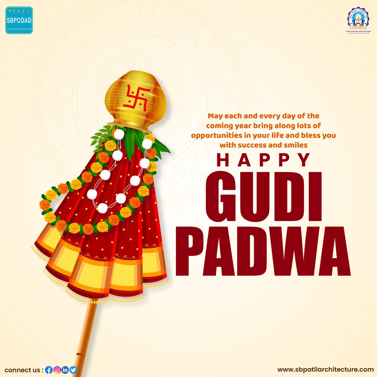 SBPCOAD's tweet photo. Today marks the start of New Year according to the Hindu Calendar. Here's wishing everyone a happy &amp; prosperous #newyear! May this year bring joy, &amp; peace in your life. 
Happy #Gudhipadwa!

#PCET #SBPCOAD #gudipadwa #गुढीपाडवा #गुढीपाडवा2023 #Gudhipadwa2023 #गुढी  #marathinewyear https://t.co/bFGY3Em0VX