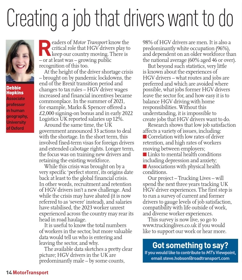 The @TruckingLives project is in the current issue of @Motor_Transport arguing why #HGVdriver job satisfaction matters (spoiler: mental and physical health, worker retention), and why we need better understandings of HGV driver experiences!  issuu.com/motortransport…