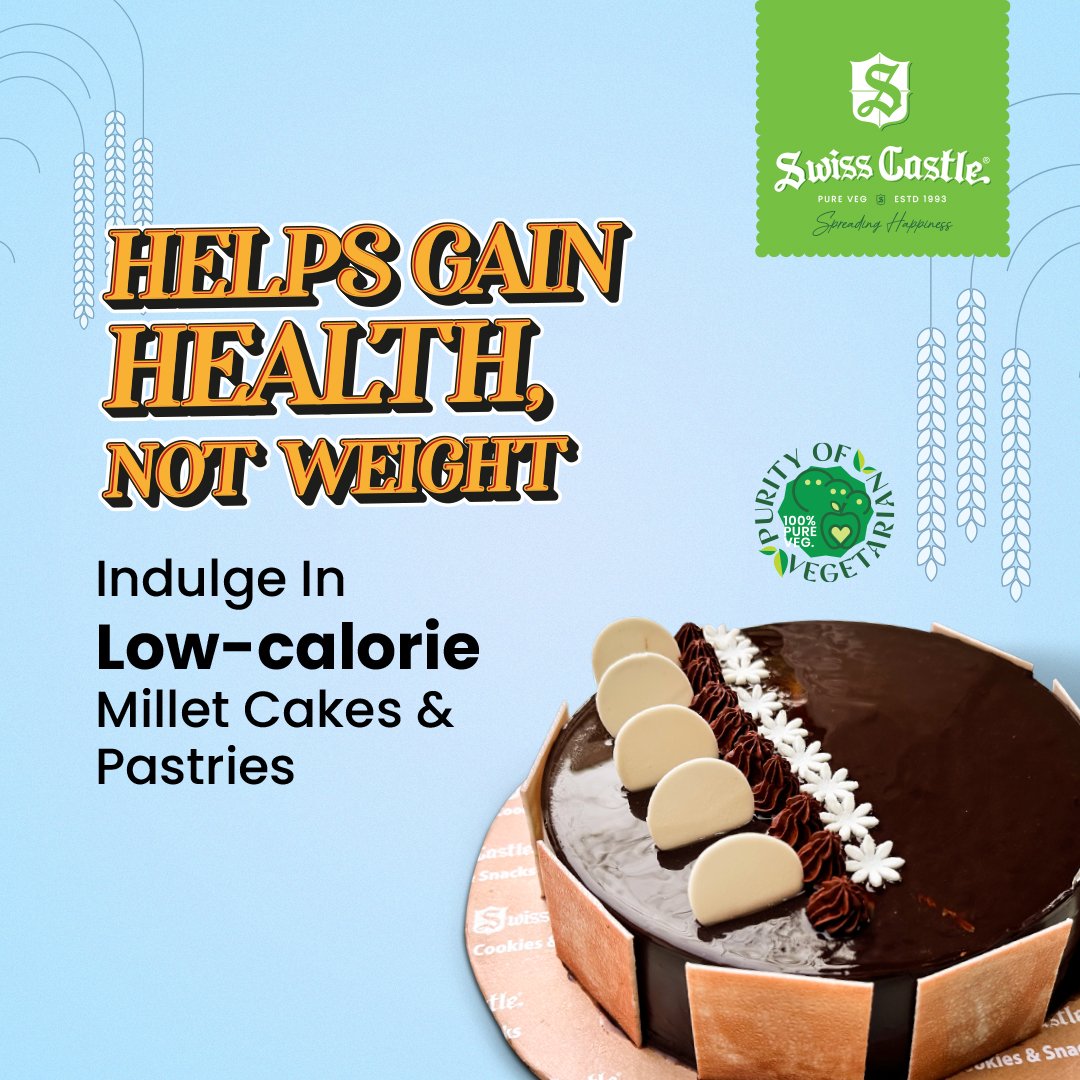 SwissCastleCake's tweet photo. High in taste &amp; low in calories, our Millet Cakes &amp; Pastries will always 'work out' well with your fitness goals.

#SwissCastle #SwissCastleBakers #ChocoMilletCake #MilletCake #ChocoCake #ChocoMillet #HighlyNutritiousCake #NutritiousCake #HealthyEating #HealthyFood #Fitness https://t.co/KUEie03nhY