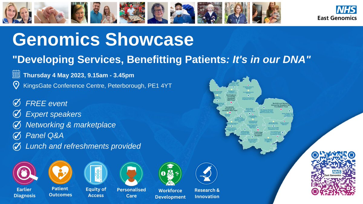 Registration now OPEN for our Genomics Showcase, Thursday 4 May in Peterborough!

See our sessions &amp; speakers via the link below. We have lots of exhibitors too - @M4RareDiseases <a href="/camraredisease/">Cambridge Rare Disease Network (CamRARE)</a> &amp; <a href="/genomicsedu/">Genomics Education</a> +more.

Reserve your FREE place today: events.eahsn.org/NHSEastGenomic…