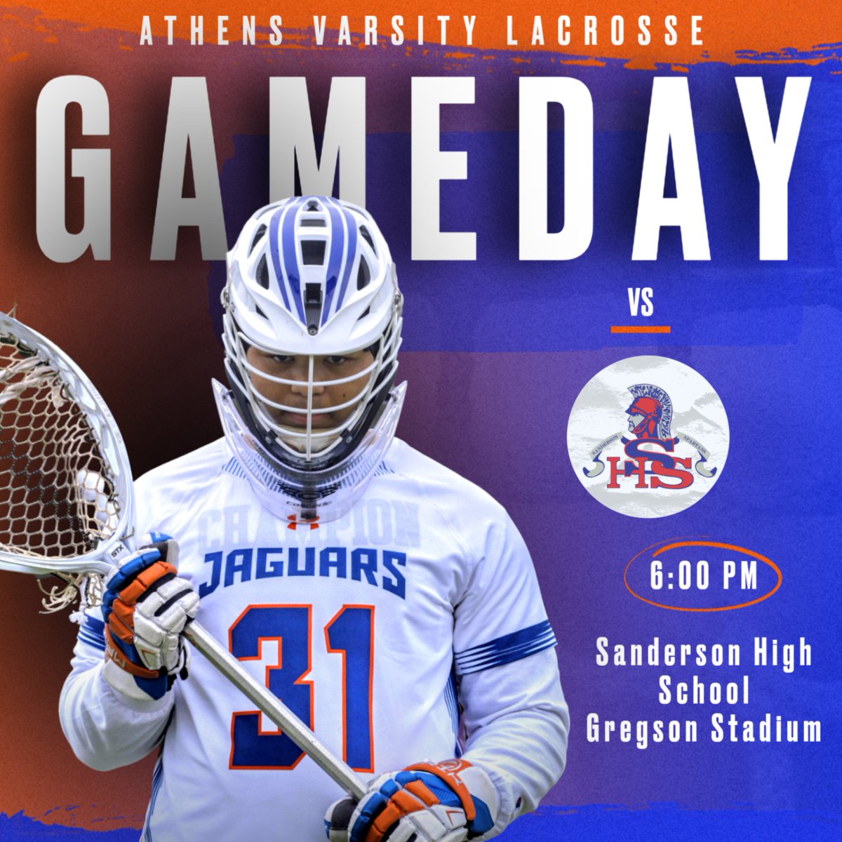 ADLaxHeadCoach's tweet photo. GAMEDAY!  Join us for the Varsity Men's Lacrosse first conference game vs the Sanderson Spartans!  6:00pm Gregson Stadium/Sanderson High School.  @athensjaguarlacrosse @athensjags https://t.co/5ijO4D9vKt
