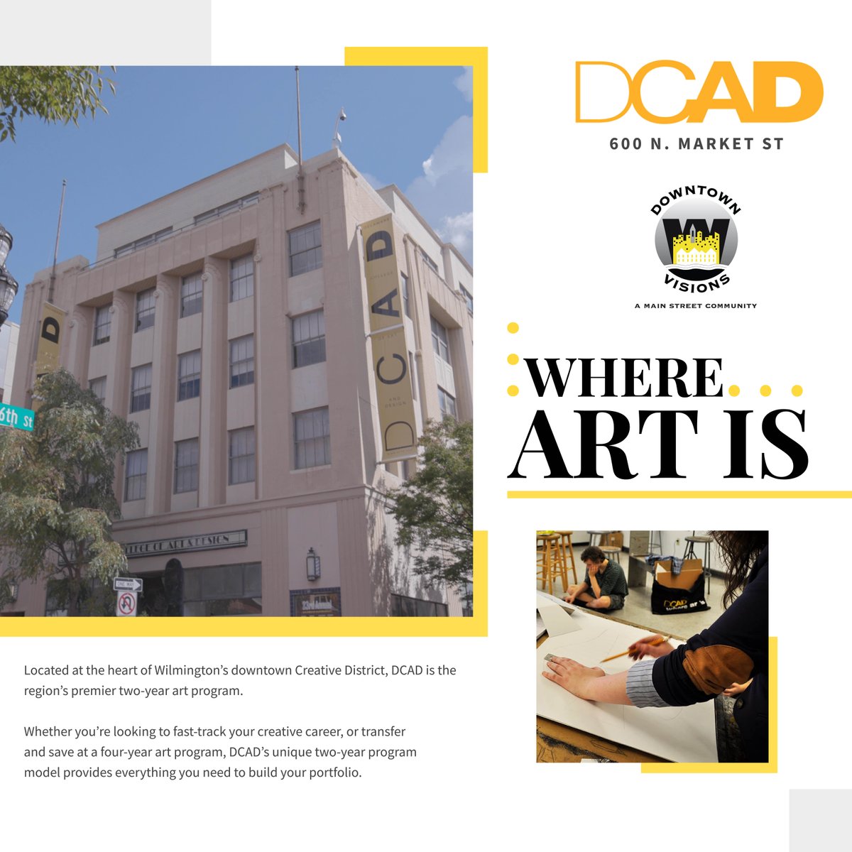 Exploring new creative pathways at DCAD! Unleashing your inner artist. 🎨🖌️Located at 600 N. Market Street. @dcadedu
.
.
.
#InWilm #WilmingtonDE #ItsTimeWilmDE #InWilmDE #WilmToday #IGDelaware #Delagram #CityOfWilmington #NetDE #ShopSmall #SupportLocal 
#SupportingLocal