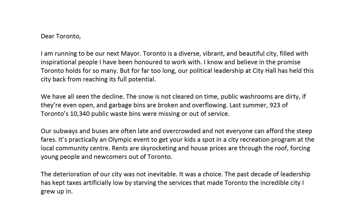 JoshMatlow's tweet image. My letter to Torontonians: I’m running to be your Mayor, for a city that works.
