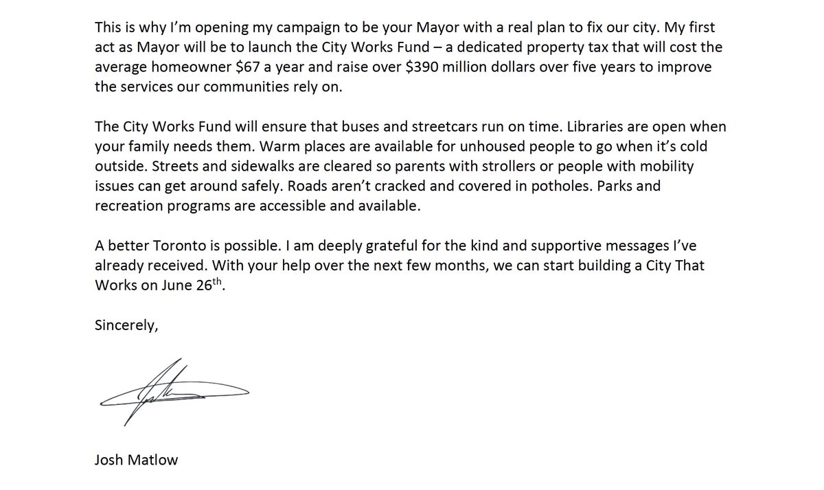 JoshMatlow's tweet image. My letter to Torontonians: I’m running to be your Mayor, for a city that works.