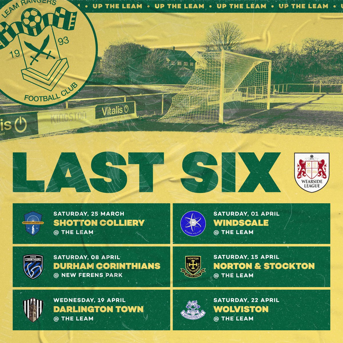 LeamRangers's tweet photo. 𝗦𝗶𝘅 𝗴𝗮𝗺𝗲𝘀 𝘁𝗼 𝗴𝗼 in the @WearsideLeague and they're all massive in our chase for the title. Five at home, so it would be great to get as many there as we can to support the lads.

#UpTheLeam #UTL 🔰 https://t.co/BBEZG7pVMX